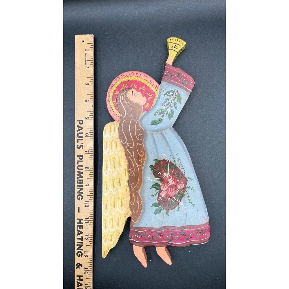 Hand Painted Wooden Angel Wall Hanging Trumpet Floral Folk Art Christmas Decor